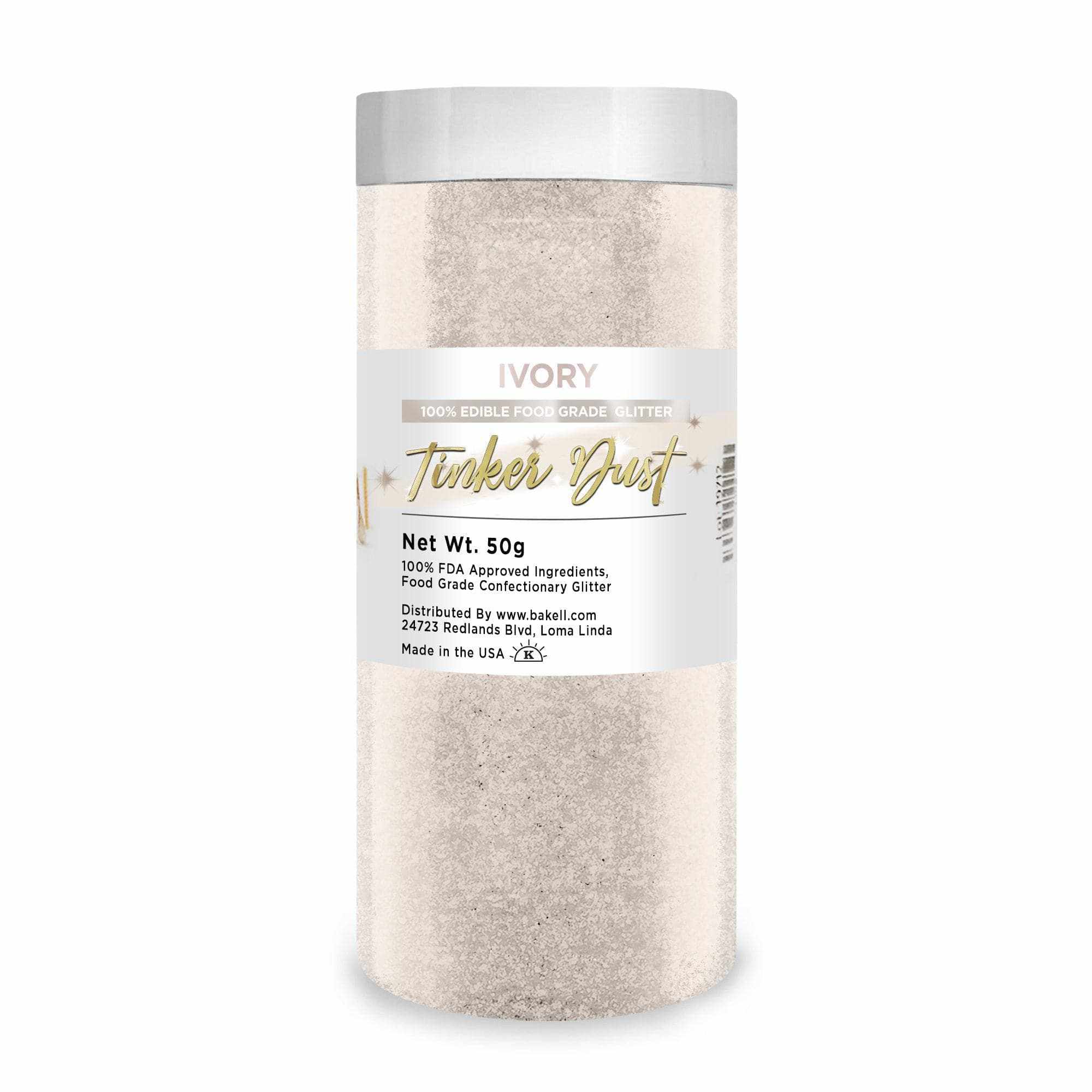 50g bulk container of Ivory Tinker Dust edible food-grade glitter with a white label.