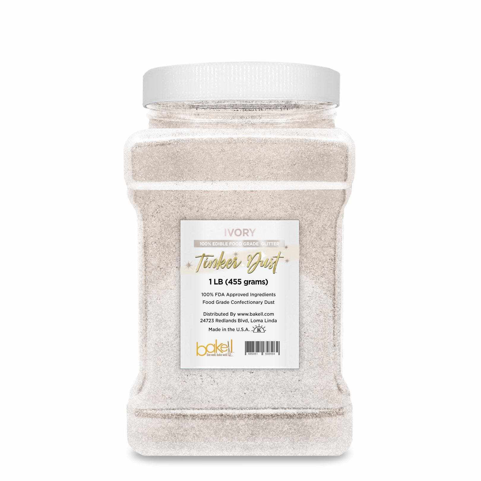 1 LB bulk ivory Tinker Dust edible glitter in a clear jar with a white lid.