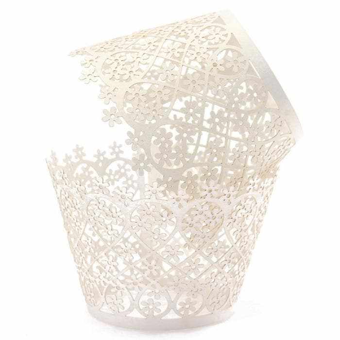 Ivory-White Pearlized Floral Lace Cupcake Wrappers & Liners  | Bakell® Baking Products
