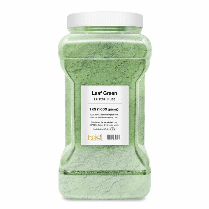 1KG bulk size container of vibrant leaf green luster dust, food grade and pearlized.