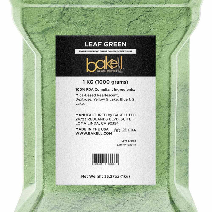 Leaf green luster dust, 1 KG (1000 grams) bulk size, in a clear plastic bag with Bakell label.
