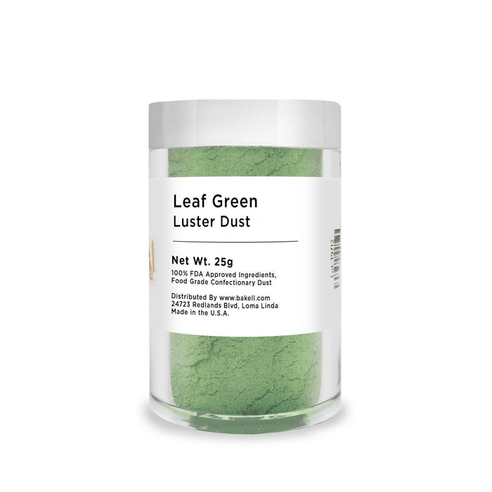 Leaf Green Luster Dust in a clear 25g jar with a white lid, showing the vibrant green powder.