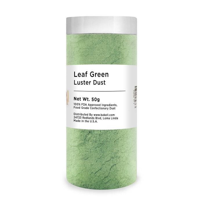 50g container of Leaf Green Luster Dust, a shiny, pearlized edible powder.