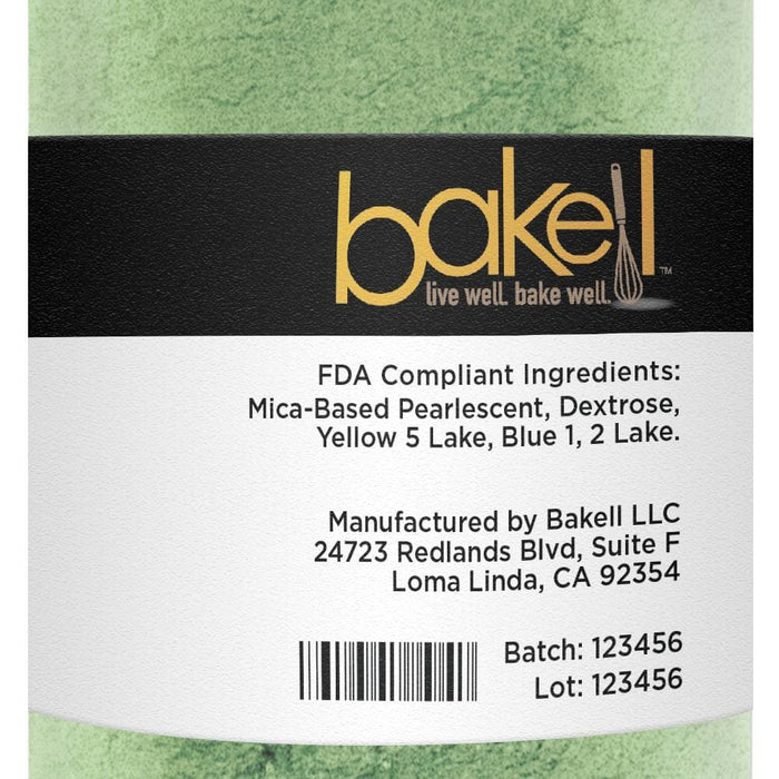 Close-up of Bakell Leaf Green Luster Dust label with ingredients and "live well. bake well." logo.