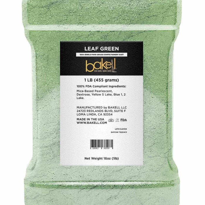 Leaf green luster dust in a clear 1lb (455g) bulk container with a black label.