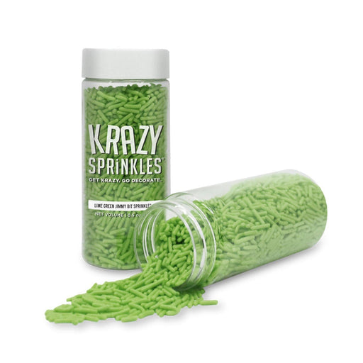 Krazy Sprinkles lime green jimmies in two clear containers, one upright and one spilling.