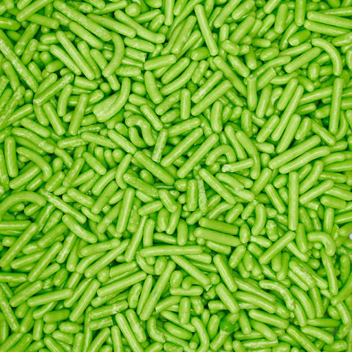 Close-up of vibrant lime green jimmies sprinkles, perfect for decorating.