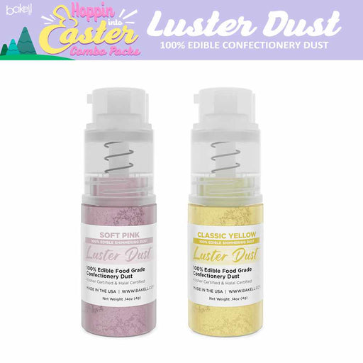 Front View of Soft Pink Luster Dust 4 gram pump, and Classic Yellow Luster Dust 4 gram pump. | bakell.com