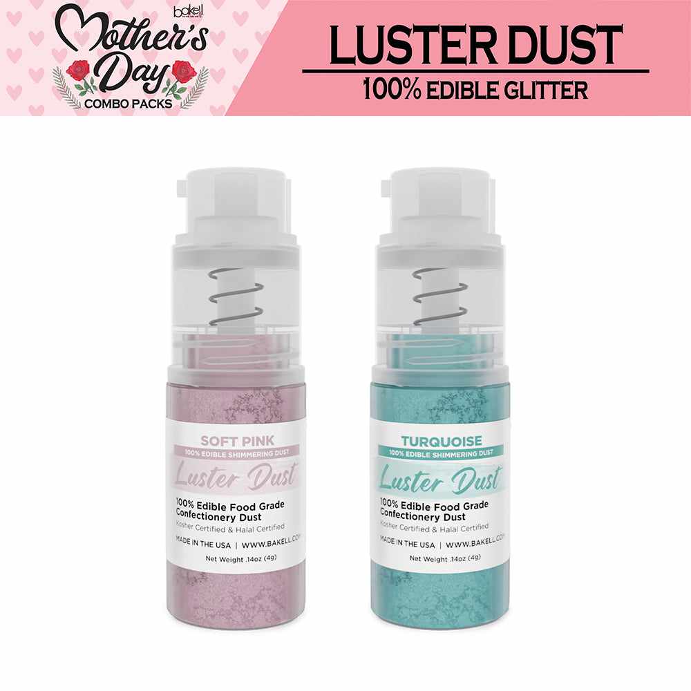Front View of Soft Pink Luster Dust 4 gram pump, and Turquoise Luster Dust 4 gram pump. | bakell.com