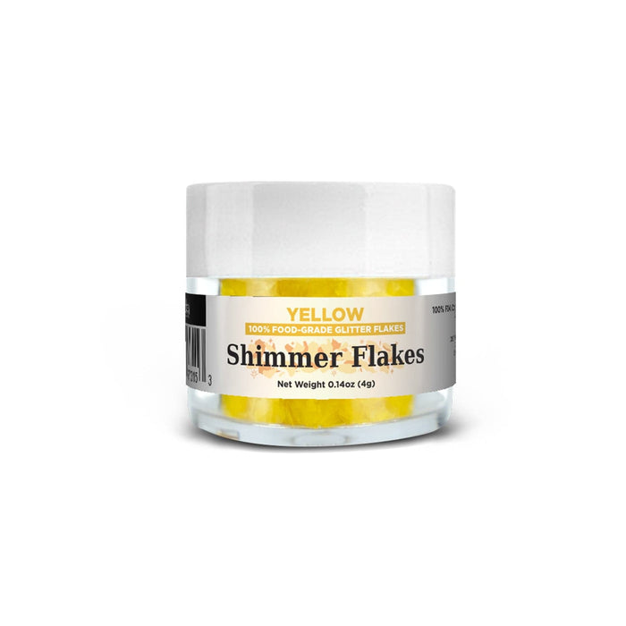Yellow edible shimmer flakes in a clear 4g jar with a white lid, for Mother's Day desserts.