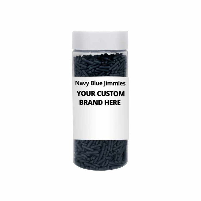 A Front View of a Jar of Navy Blue Jimmies Sprinkles,  With a Label  That Says "Your Custom Brand Here" | bakell.com