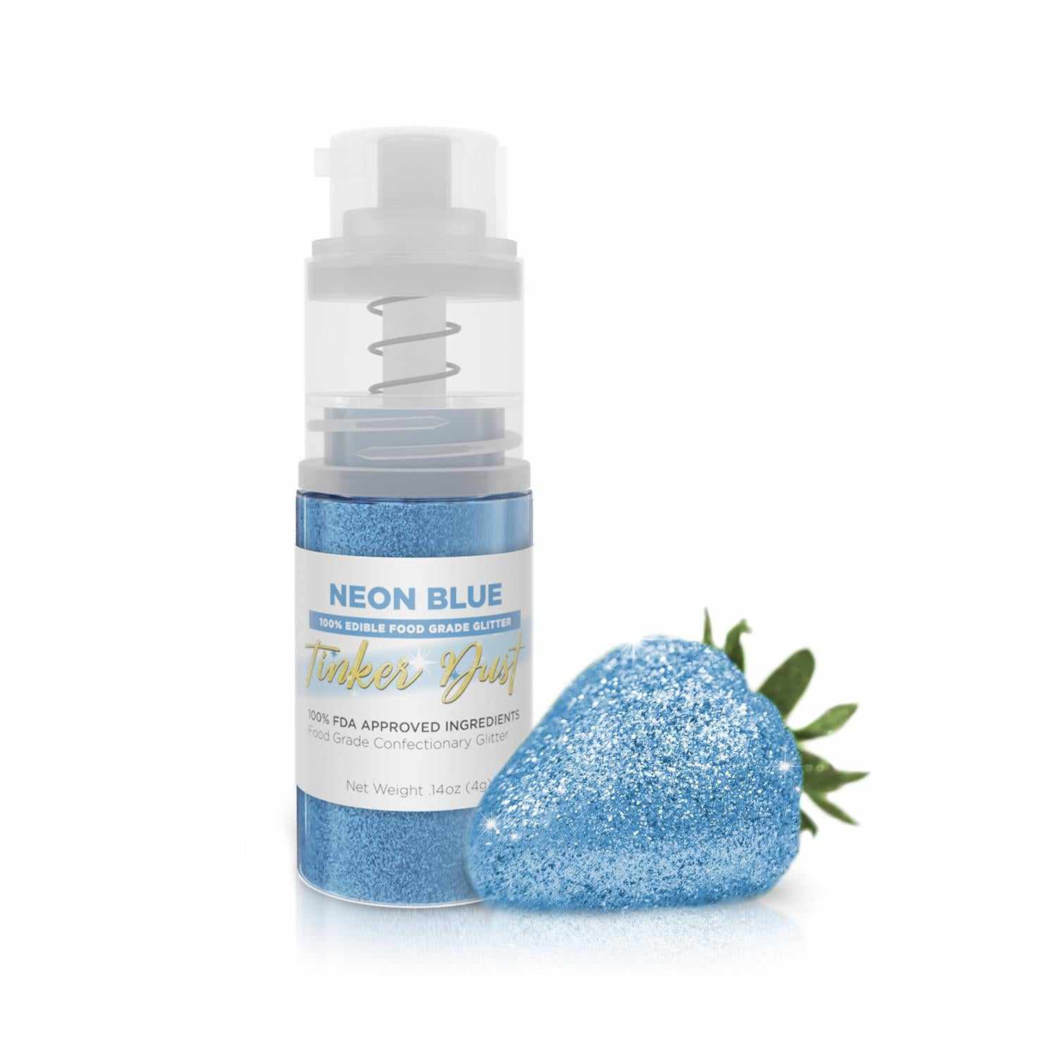 Neon Blue Tinker Dust edible glitter spray pump next to a glitter-covered strawberry.