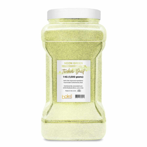 Large 1kg container of Neon Green Tinker Dust® edible glitter for baking and confectionery.