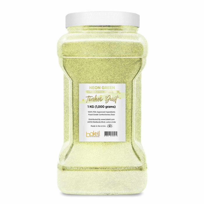 Large 1kg container of Neon Green Tinker Dust® edible glitter for baking and confectionery.