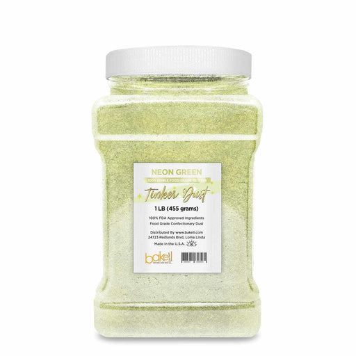 1 LB jar of Neon Green Tinker Dust edible glitter with a white lid and label.