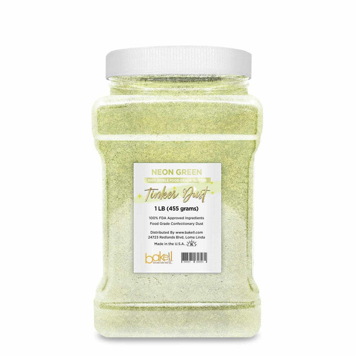 1 LB jar of Neon Green Tinker Dust edible glitter with a white lid and label.