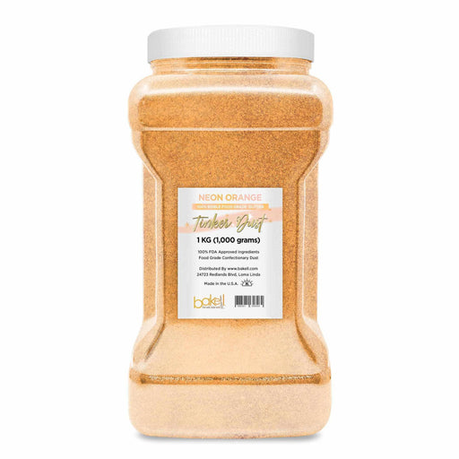 Large clear jar of Neon Orange Tinker Dust edible glitter, 1kg size, with white lid and label.
