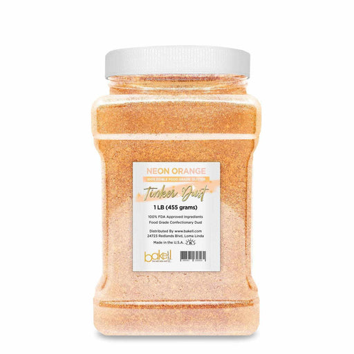 1 LB jar of Neon Orange Tinker Dust edible glitter with white cap and label.