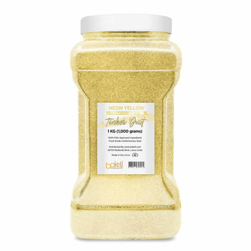 Large 1kg container of Neon Yellow Tinker Dust edible glitter with white lid.