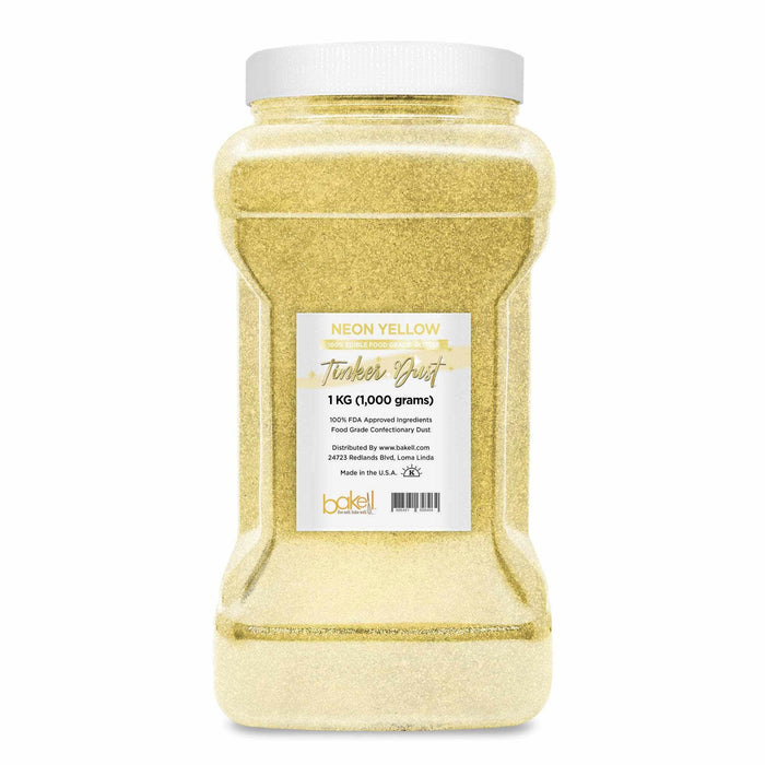 Large 1kg container of Neon Yellow Tinker Dust edible glitter with white lid.