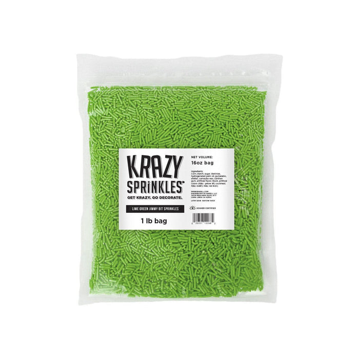 1 lb bag of Krazy Sprinkles lime green jimmie bits, vibrant and ready for decorating.