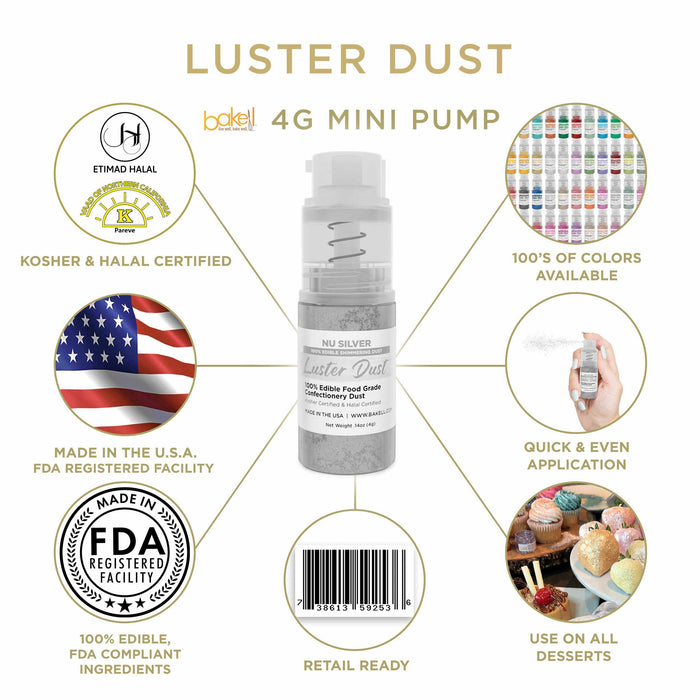 New! Miniature Luster Dust Spray Pump | 4g Nu Super Silver Edible Glitter