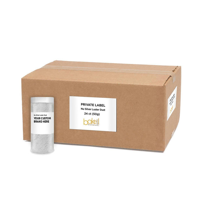 Brown cardboard box with a private label for 24 count (50g) Nu Silver Luster Dust, next to a clear jar of silver edible glitter.