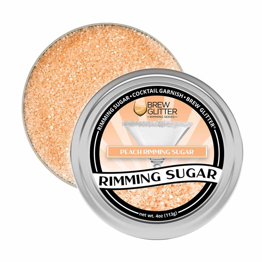 Front View of an opened jar of Peach Rimming Sugar., showing its contents of Peach colored rimming sugar. | bakell.com