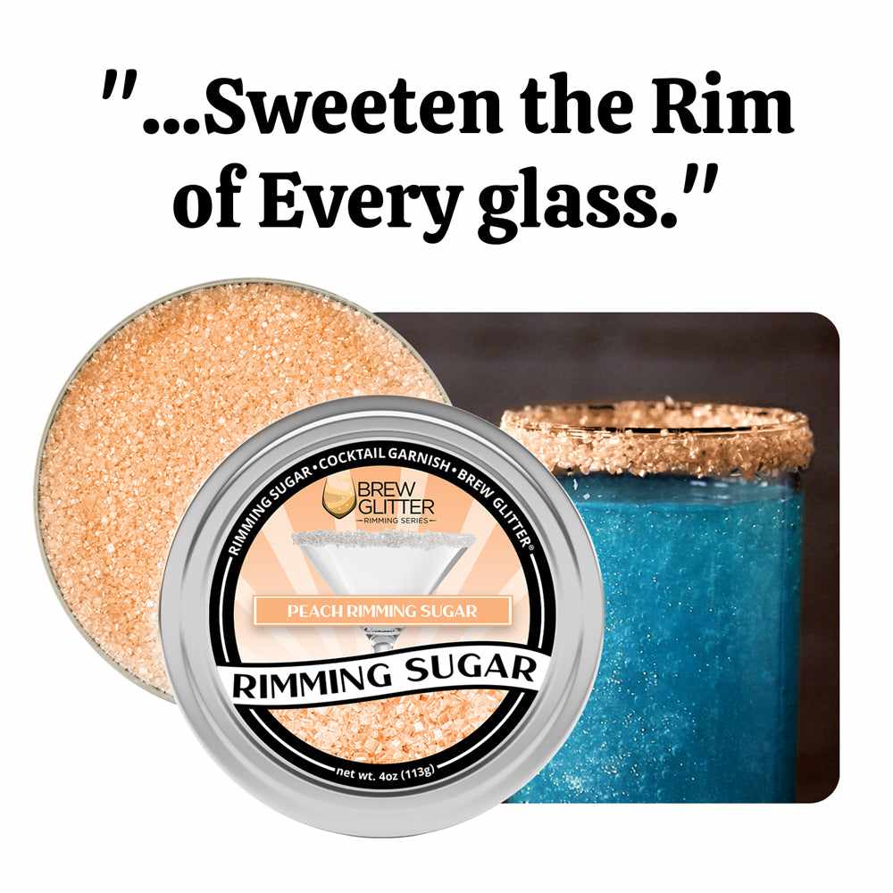 Front view of an open tin jar of Peach Rimming Sugar, showing the contents of the rim sugar.  To the right of the opened can, a picture of a glass with glittered turquoise liquid within, and its rim covered in Peach Sugar Rim.  On the top of the items is a quote that says 