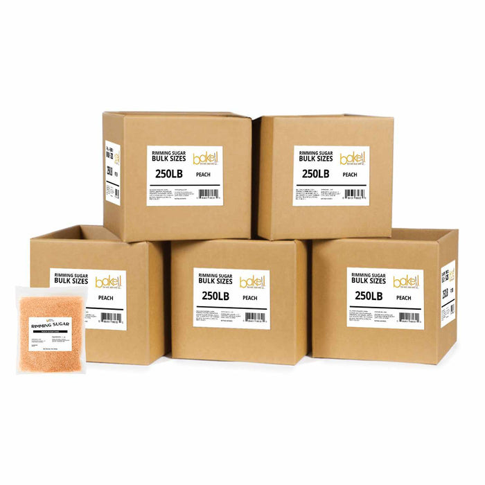Front View of a 1 Pound Bag of Peach Rimming Sugar to the left, and 5 Stacked 100 Pound Boxes of Sugar Behind the Bag, and to the Right | bakell.com
