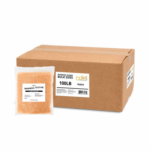 Perspective View of a 1 Pound Bag of Peach Rimming Sugar to the left, and a 100 Pound Box of sugar to the Right | bakell.com