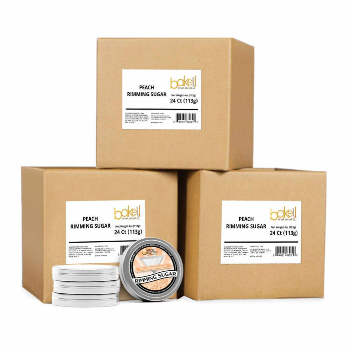 In the front, 3 stacked tin jars, and to the right is a tin jar of Peach Rimming Sugar.  Behind these tin jars are 3 boxes of Peach Rimming Sugar | bakell.com