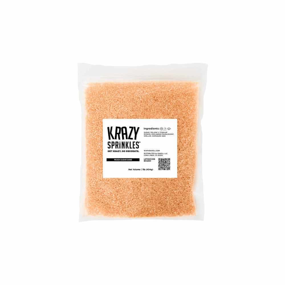 Front view of 1 pound of Peach Sanding Sugar  in a bag labeled Krazy Sprinkles. | bakell.com