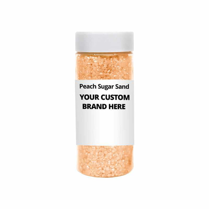 A Front View of a Jar of Peach Sugar Sand, With a Label That Says "Your Custom Brand Here" | bakell.com