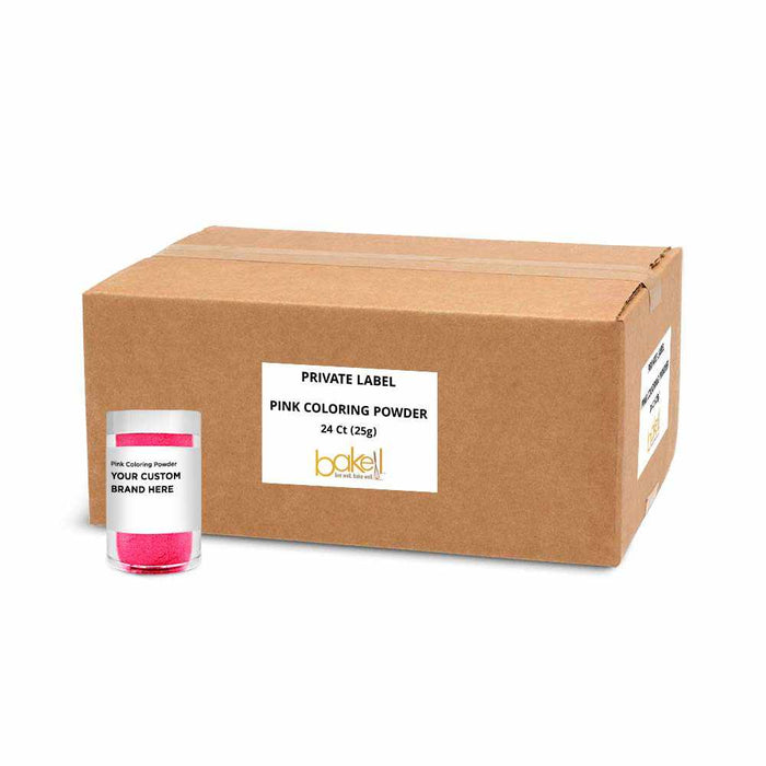 Front view of Pink Food Coloring 25 gram jar, with a Private Label box behind it. | bakell.com