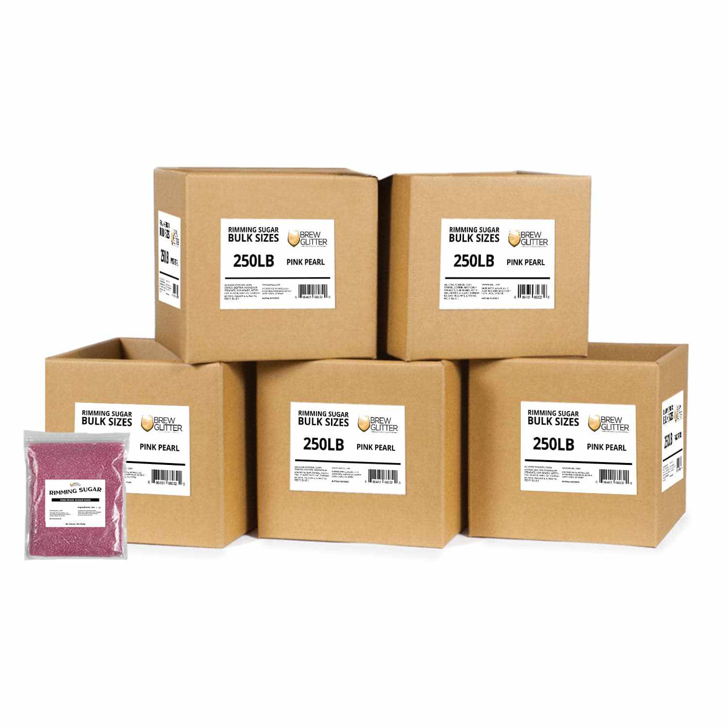 Five 250lb cardboard boxes of Bakell Pink Pearl rimming sugar with a small sample bag in front.