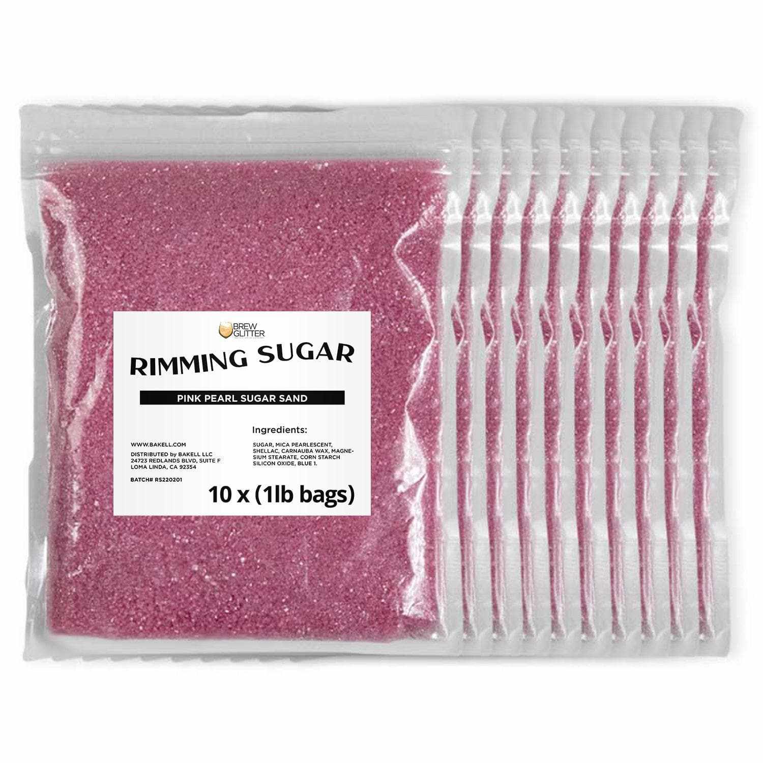 Ten 1lb bags of pink pearl cocktail rimming sugar in clear plastic packaging with Bakell branding.