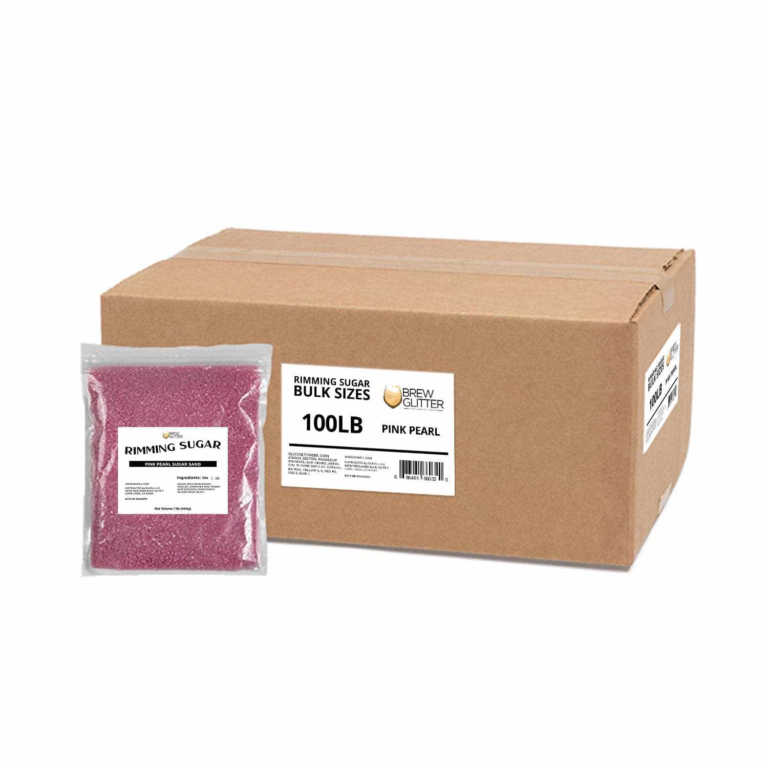 100 lb bulk box of Pink Pearl rimming sugar with a sample bag of sparkling pink cocktail sugar.