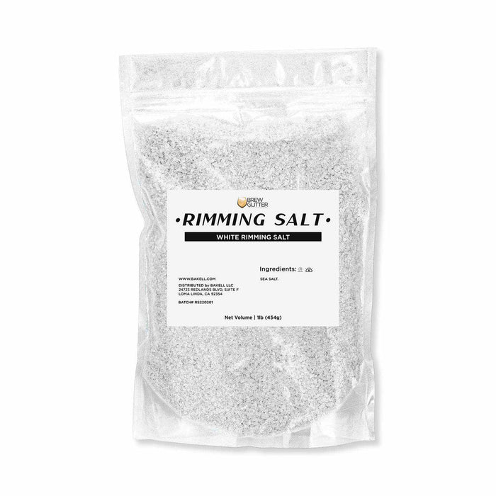One-pound clear resealable pouch of white cocktail rimming salt with Brew Glitter branding label.