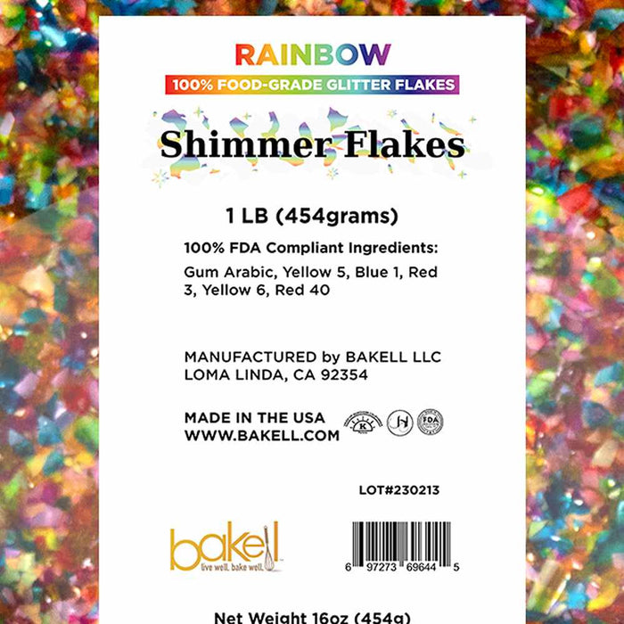 Label of 1 pound of Rainbow Edible Shimmer Flakes | bakell.com