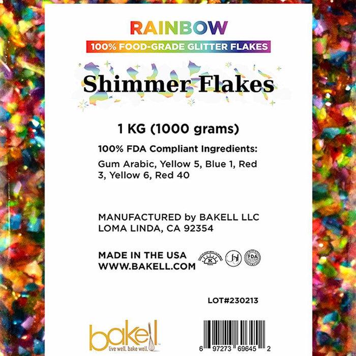 Label that is on a 1 kilogram container of Rainbow Edible Shimmer Flakes | bakell.com