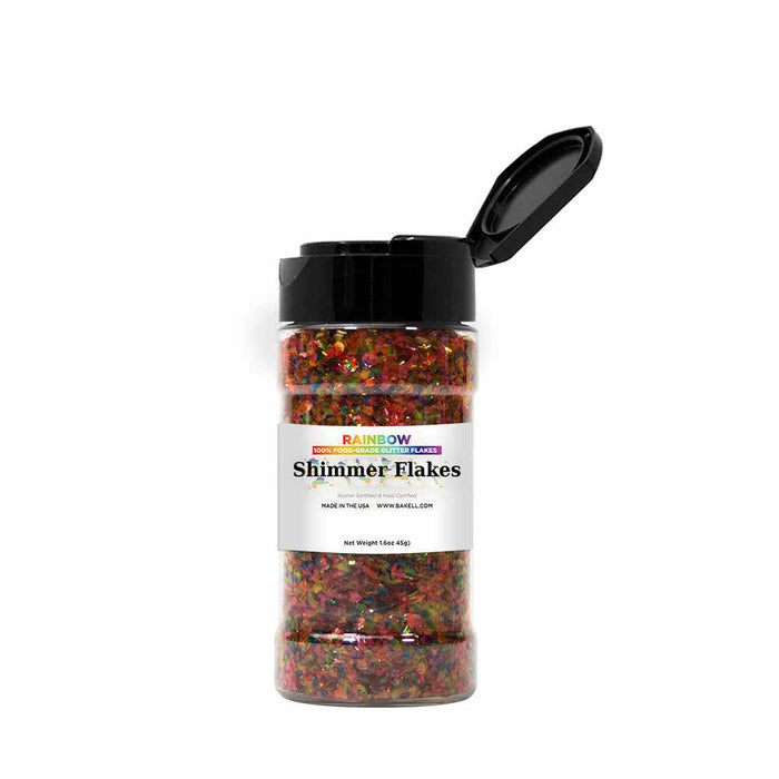 Front View of 45 gram shaker of Rainbow Edible Shimmer Flakes | bakell.com