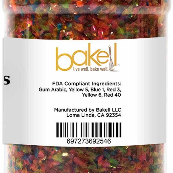 Side label of 45 gram jar of  Rainbow Edible Shimmer Flakes | bakell.com