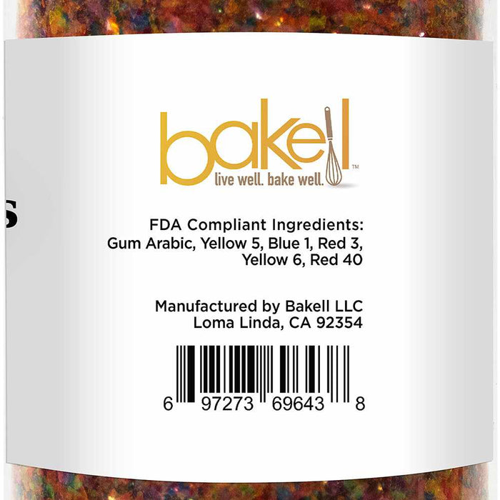 Side view of a 50 gram jar of Rainbow Edible Shimmer Flakes | bakell.com