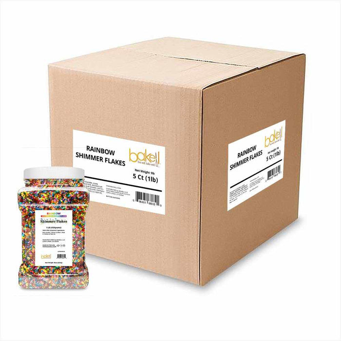 Perspective view of a 1 pound container of Rainbow flakes, with a "YOUR CUSTOM BRAND HERE" label, and a Private Label box behind it. | bakell.com