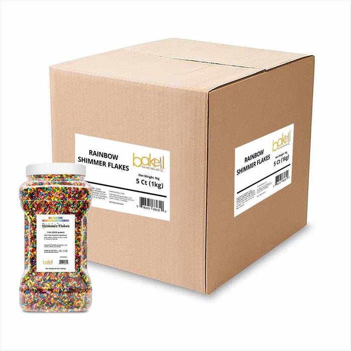 Perspective view of a 1 kilogram jar of Rainbow flakes, with a "YOUR CUSTOM BRAND HERE" label, and a Private Label box behind it. | bakell.com