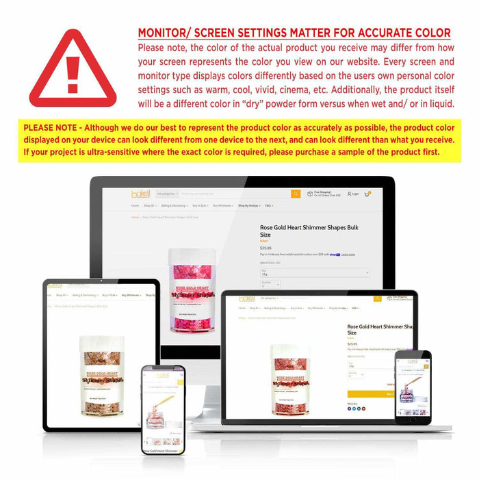 Digital mockups of a website displaying "Rose Gold Heart Shimmer Shapes Bulk Size" on various devices.