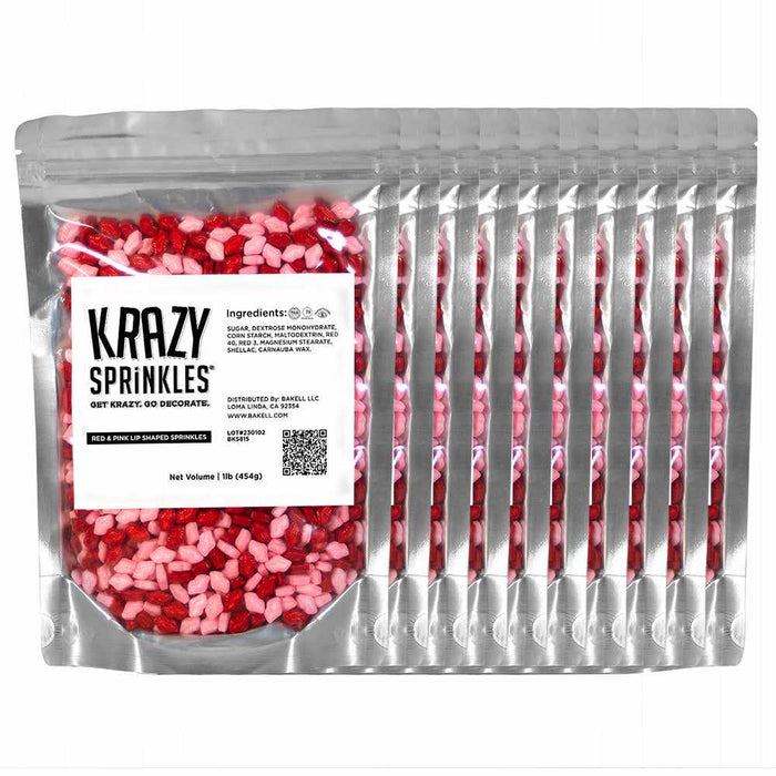 Front view of ten 1 pound bags of Red and Pink Lip Sprinkles | bakell.com