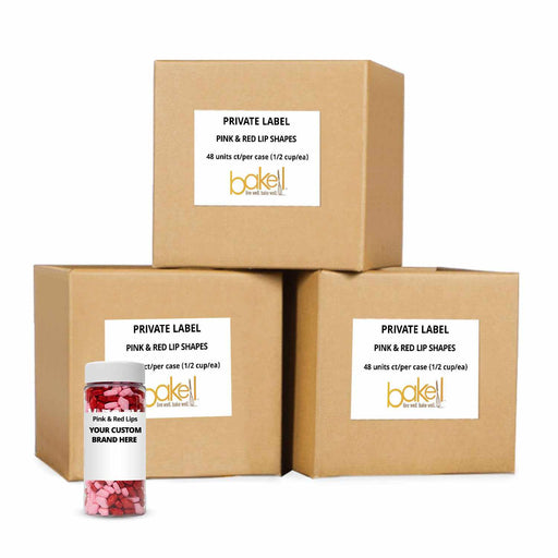 Front view of a jar of Red and Pink Lips sprinkles with a "YOUR CUSTOM BRAND HERE" label, and three Private Label boxes in the back. | bakell.com