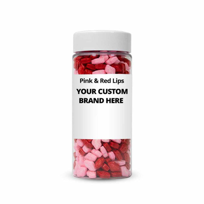 Front View of a Red and Pink Lips Shaped Sprinkles Jar with a "YOUR CUSTOM BRAND HERE" label. | bakell.com